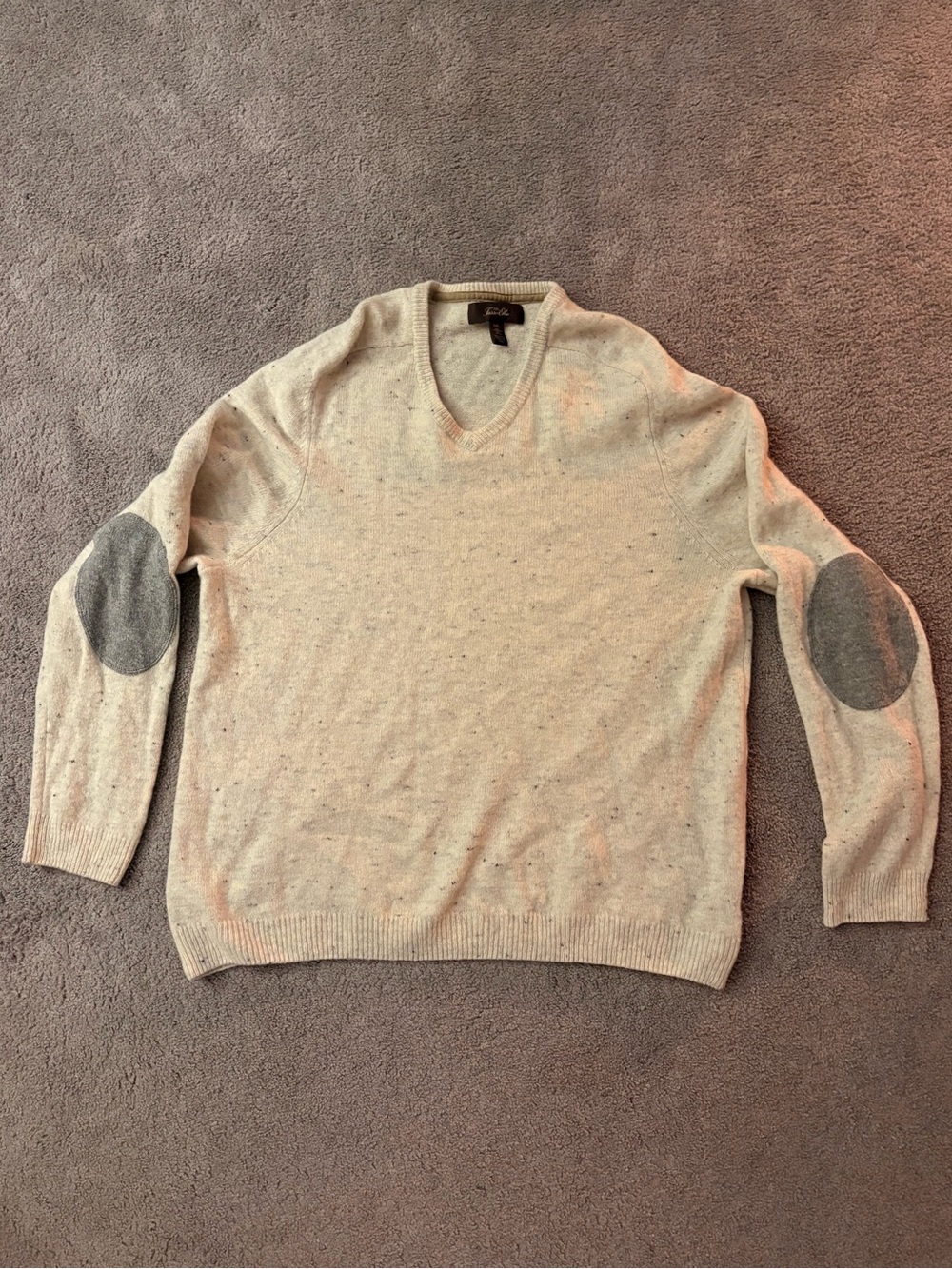 Tasso Elba Men’s Cream V-Neck Sweater with Gray Elbow Patches